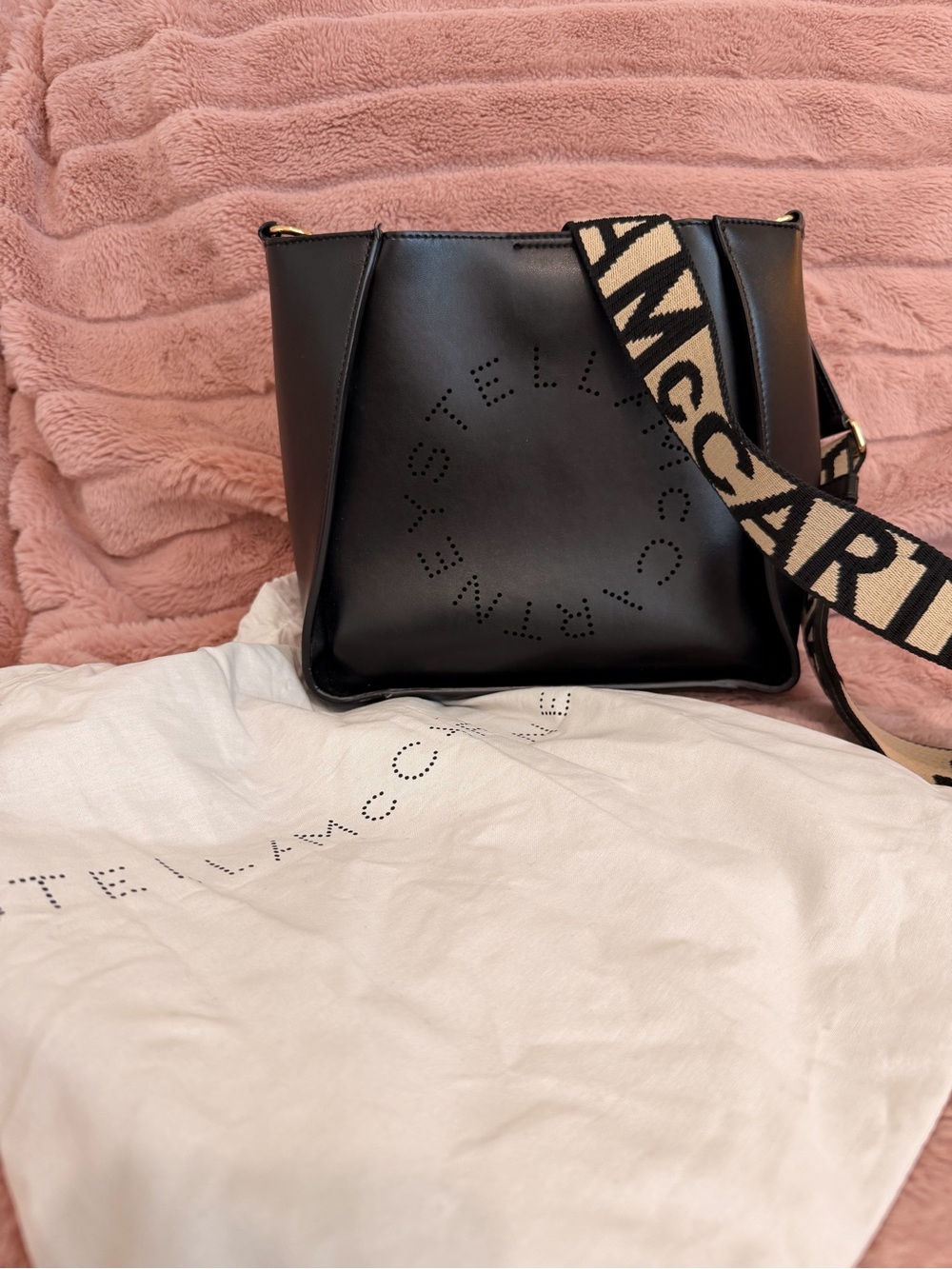 Stella McCartney Black Vegan Leather with Beige Logo Strap Crossbody Bag